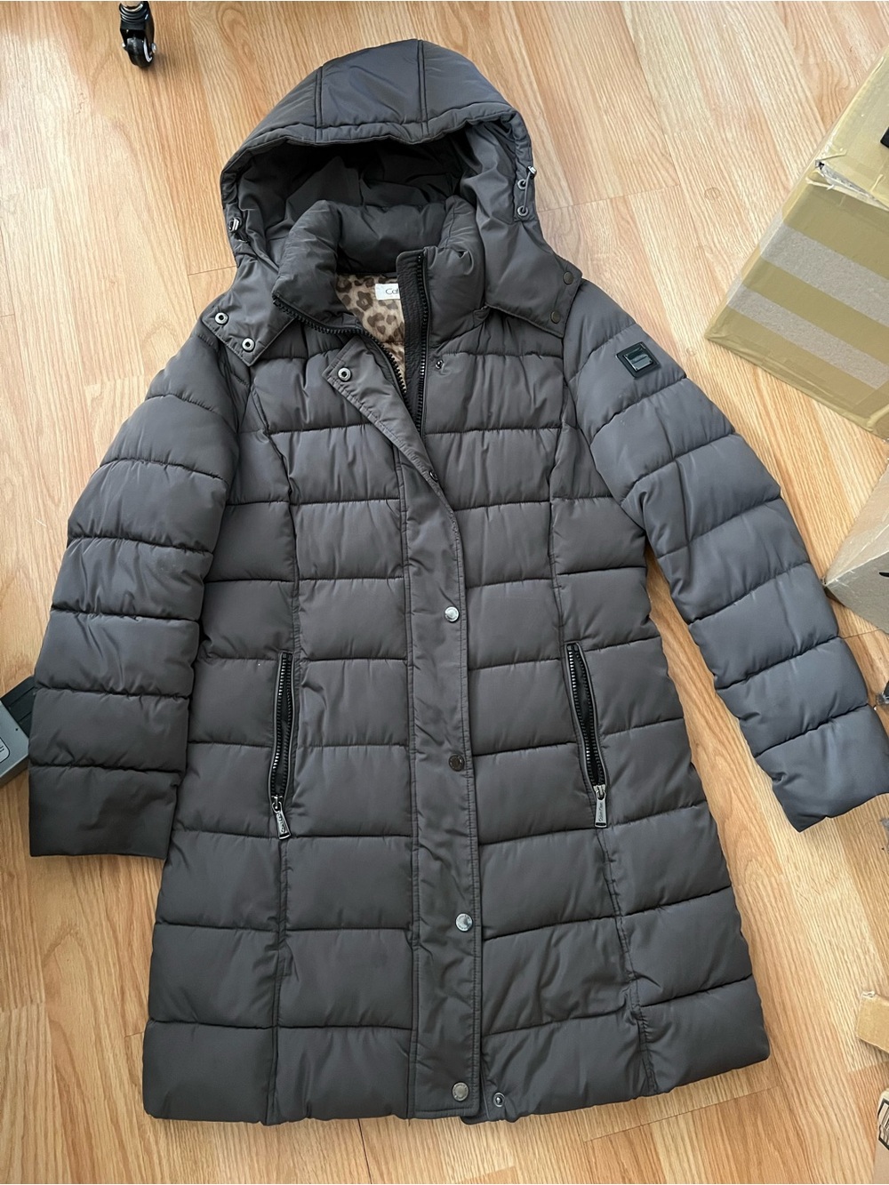 Calvin Klein Dark Gray Quilted Long Puffer Coat with Hood